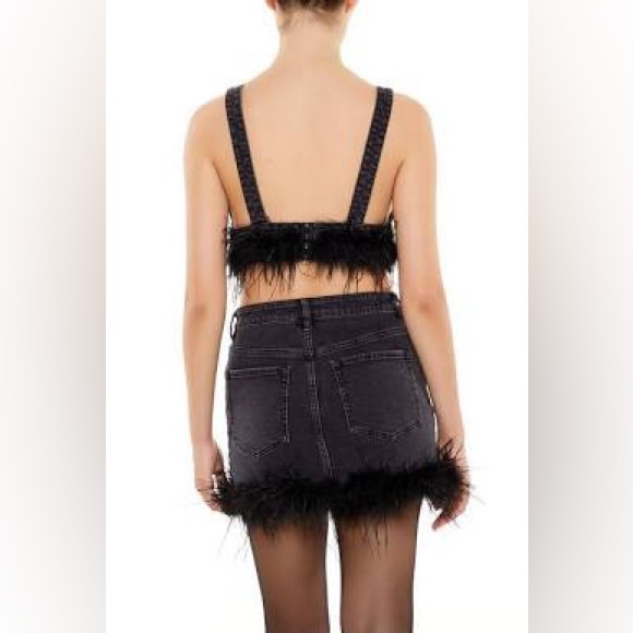 Forever 21 Black Denim Bralette with Feather‎ Trim Sz. M NWT - Picture 2 of 7